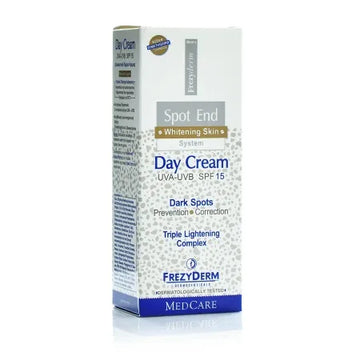 Frezyderm Spot End Day Cream SPF15 Συσκευασία - Κρέμα ημέρας κατά των πανάδων και δυσχρωμιών με τριπλό σύμπλοκο λάμψης